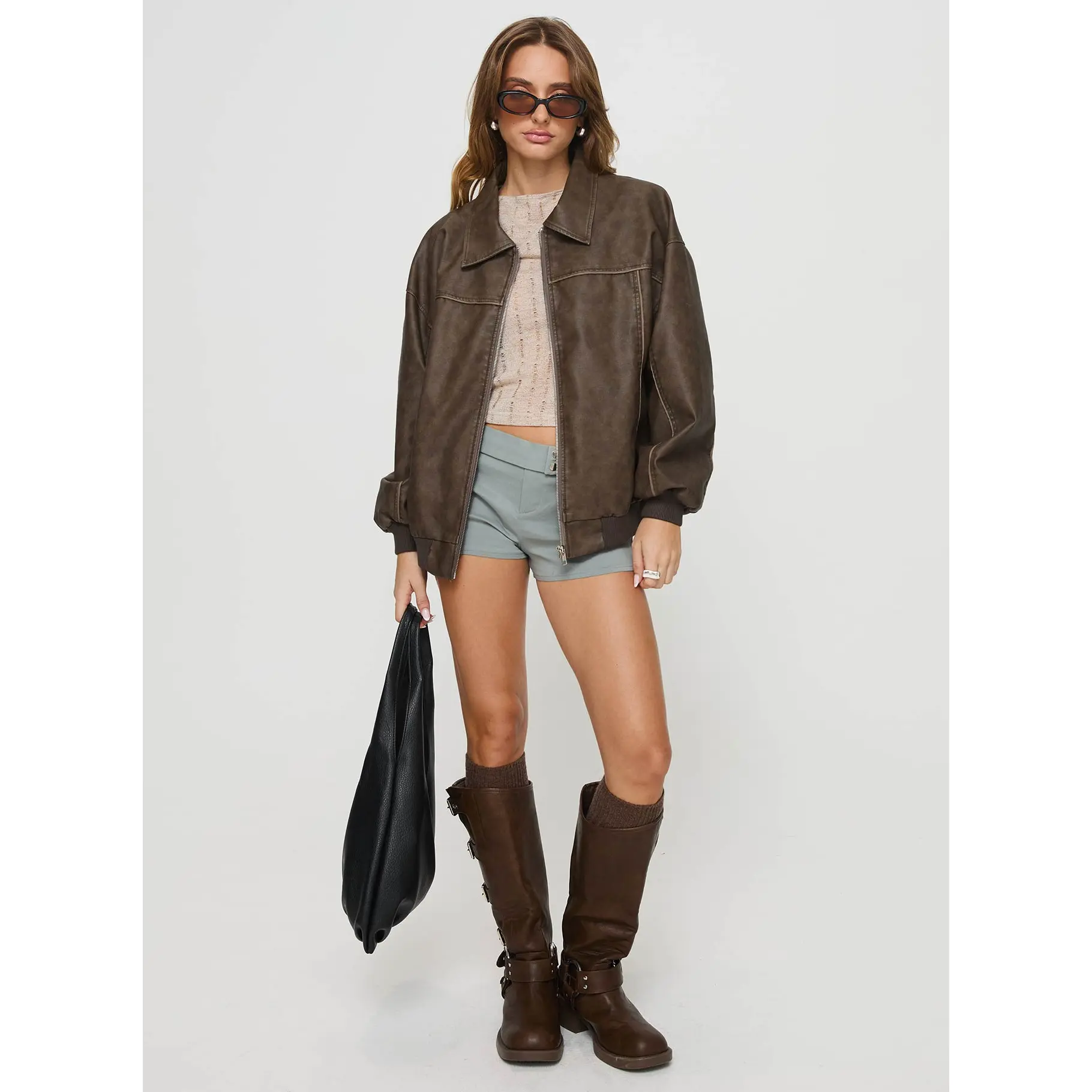 Goldsmith Faux Leather Bomber Jacket Washed Dark Brown - TikTok Shop