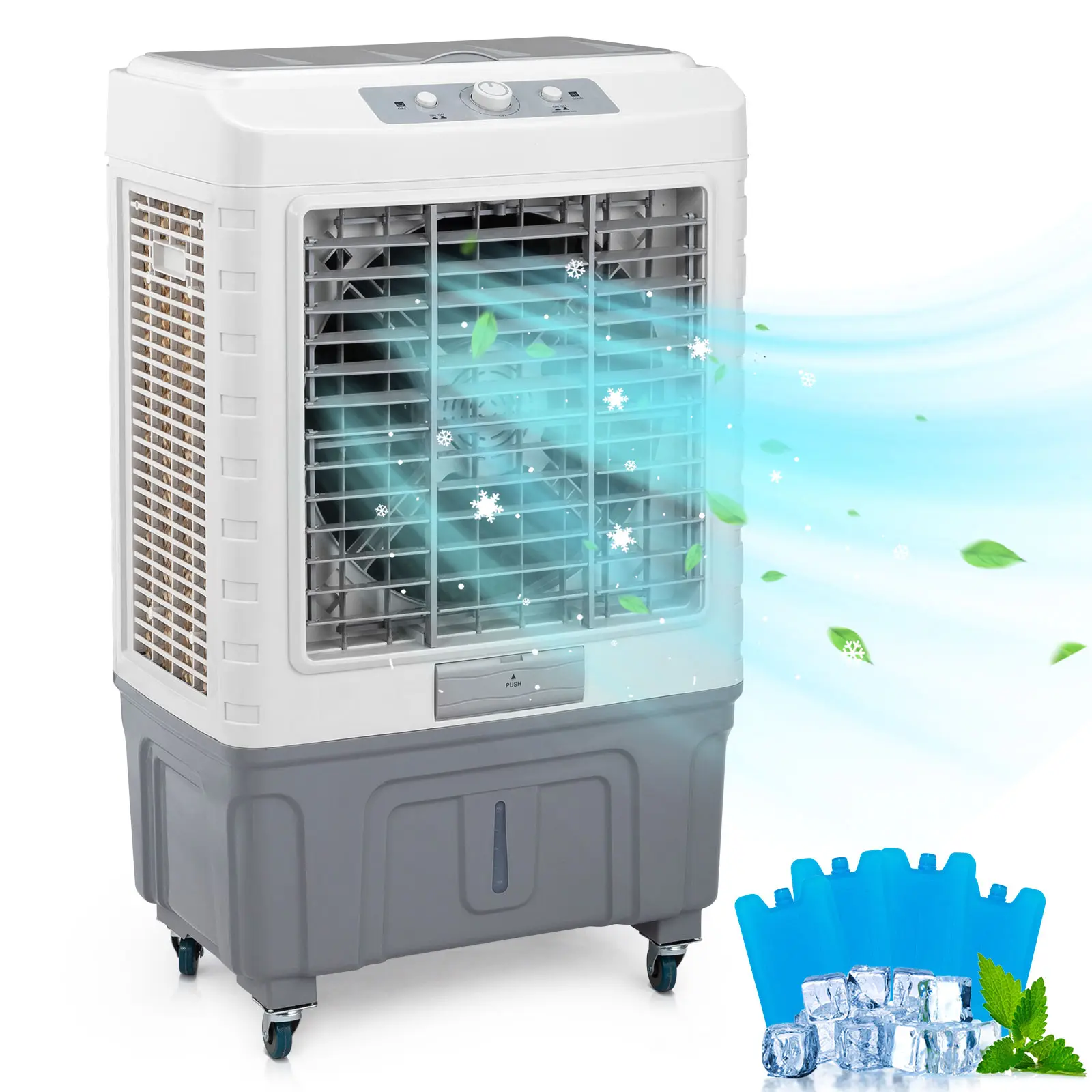 Portable Evaporative Air Cooler Swamp Cooler - 20L-50L(5.28-13.2Gal), 461-4118CFM Cooling Fans, 3 Speeds, Timer, Auto Oscillation, 4 Ice Packs, 3-IN-1 Humidifying Fan for Patio, Garden, Gym Room Use, 4 Wheels