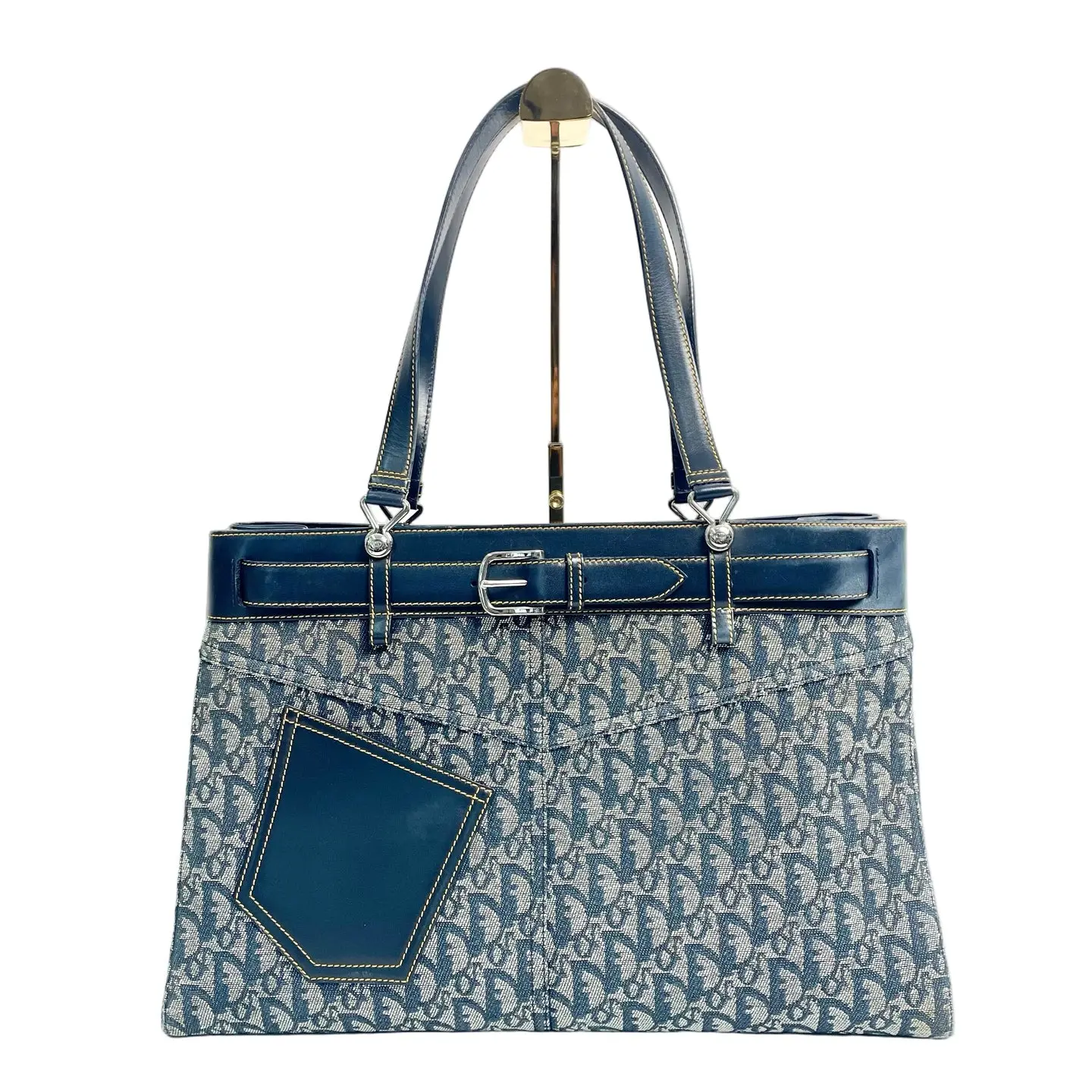 Pre-owned canvas Tote Bags Vintage Dior Oblique Denim Tote Bag with Leather Belt Detail Navy Blue
