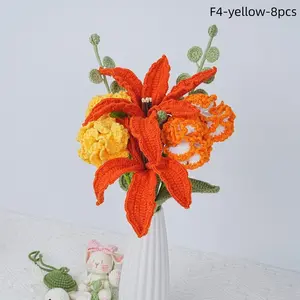 Orange Lily Roses Bouquet for Home Decor, Crochet Roses Carnations Lily, Handmade Knitted Flowers, Valentine's Day Gifts