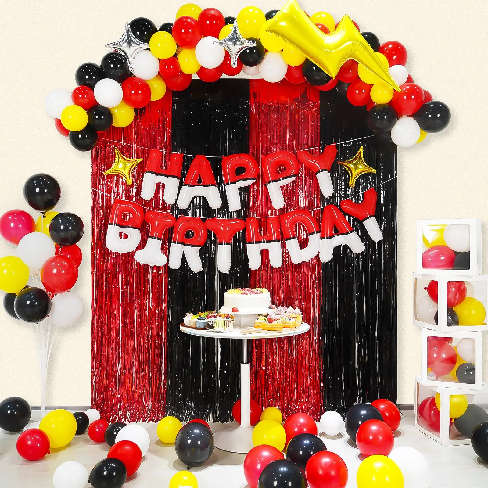 Cartoon Monster Balloon Decor Set - Vivid Foil Balloons, Happy Birthday Banner, Aluminium Garland Arch Tools, Anime Curtains Backdrop Letters Signs for Boys' Children's Birthday Baby Shower Party Supplies, Foil Fringe Curtain