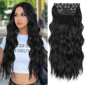 ALXNAN Clip in Hair Extension Synthetic Long Wavy Hair Extensions 20-24 Inch Black 4PCS Thick Hairpieces for Women