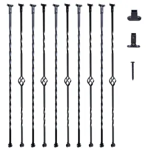 VEVOR Staircase Metal Balusters, 44''x 1/2 Galvanized Steel Decorative Banister Spindles, 10 Pack Deck Baluster with Hollow Single Baskets, Twists, Spiral Stair Railing w/ Shoes Screws