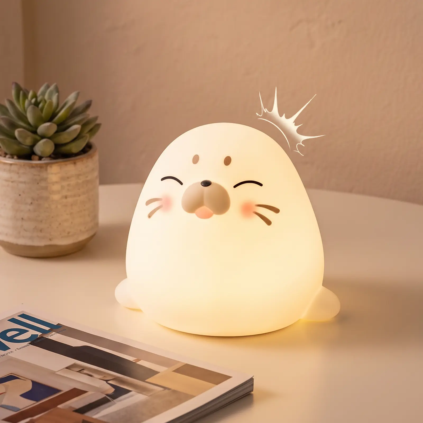 KinYiLO Cute Blushing Seal Tap Silicone Night Light USB Rechargeable 3 Dimmable Brightness Kids Nursery Lamp 30 Mins Auto Off Timer Eye-Care Warm LED Bedside Sleep Lamp Kawaii Room Decor Gift For Toddler Girls Boys