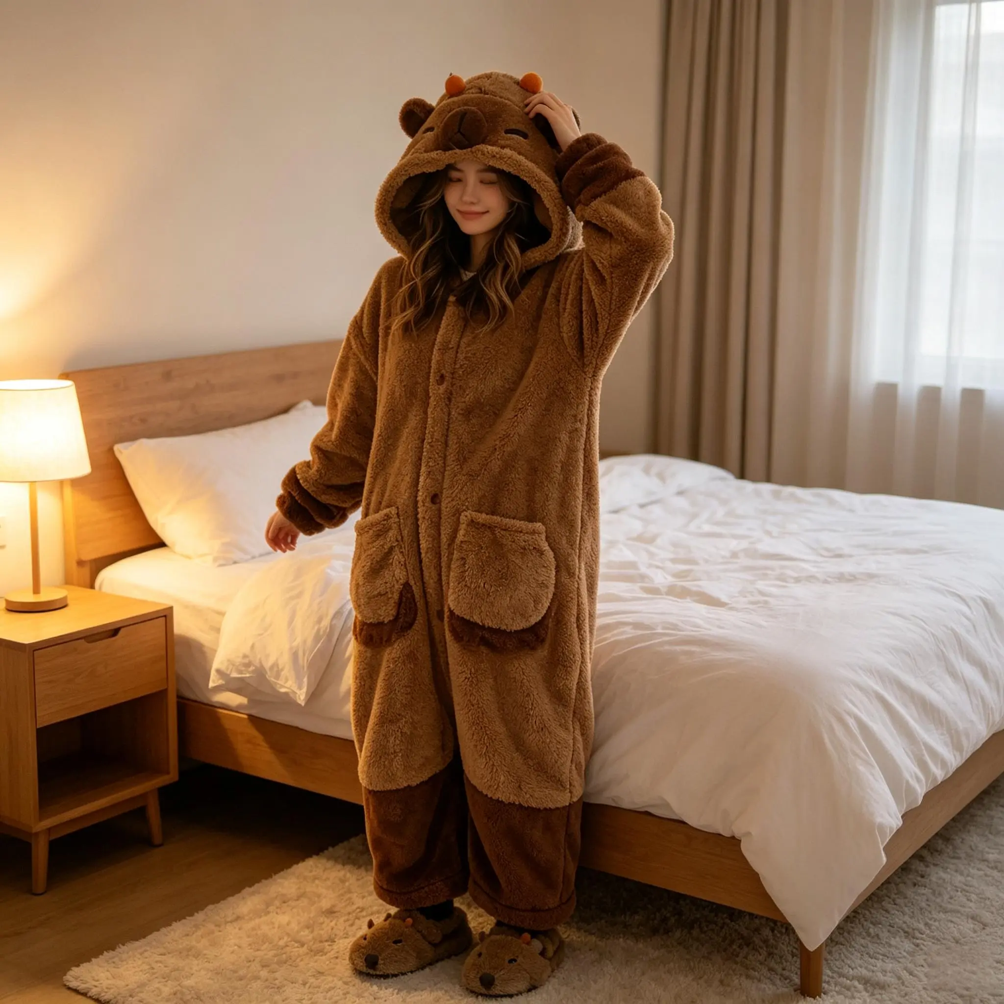 Womens Capybara Fleece Onesie Cute Animal Hooded Loungewear Adult Pajamas Plush Fluffy One Piece Sleepwear Winter Warm Novelty Cosplay Costume 2026 Trending Cozy Home Wear Funny Relaxed Fit Outfit Halloween costumes Gift