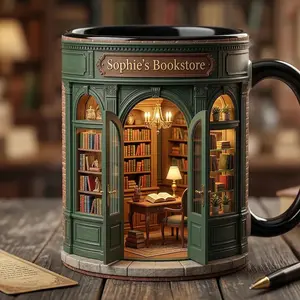 Personalized Bookstore Owner Coffee Mug, Custom Name Book Lover Gift, Faux 3D Effect Library Bookshelf Mug, 11oz/15oz Ceramic Bibliophile Cup, Dream Bookshop Interior Design Mug
