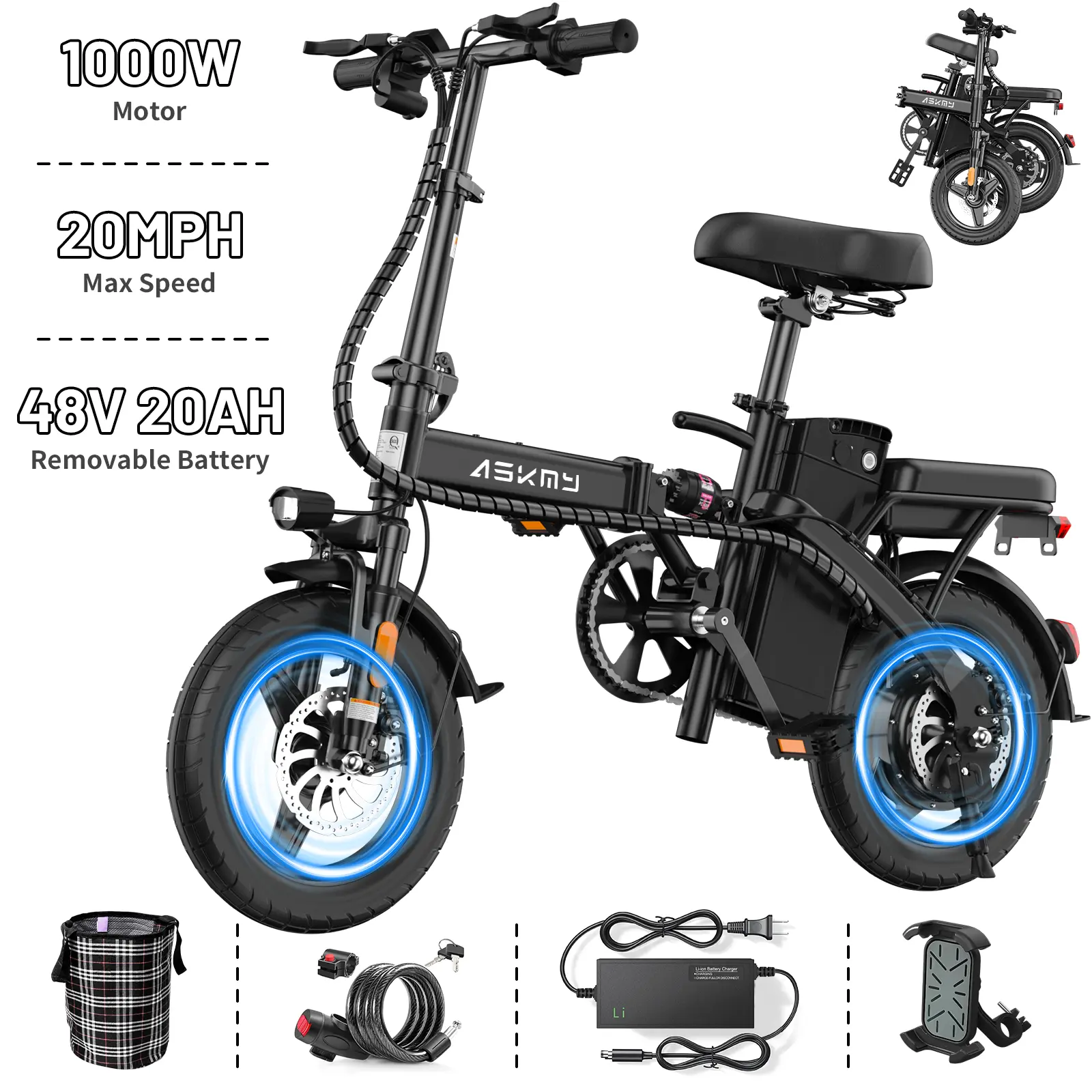 ASKMY E14 Urban Folding Electric Bike, 1000W Peak Motor, Up to 45 Miles Long Range | 14" Tubeless Tires, Dual Disc Brakes | UL Certified Removable Battery, Lightweight Compact Design for Urban Riding