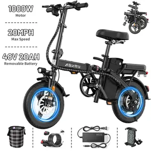 ASKMY E14 Urban Folding Electric Bike, 1000W Peak Motor, Up to 45 Miles Long Range | 14" Tubeless Tires, Dual Disc Brakes | UL Certified Removable Battery, Lightweight Compact Design for Urban Riding