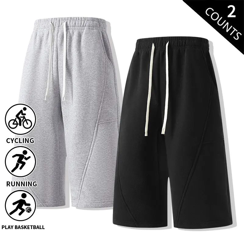 2 packs men’s casual patchwork sweat shorts and capri pants, 7/8 length, elastic drawstring, knee-length capris, loose fit; suitable for basketball, running, cycling, workouts, and everyday wear.