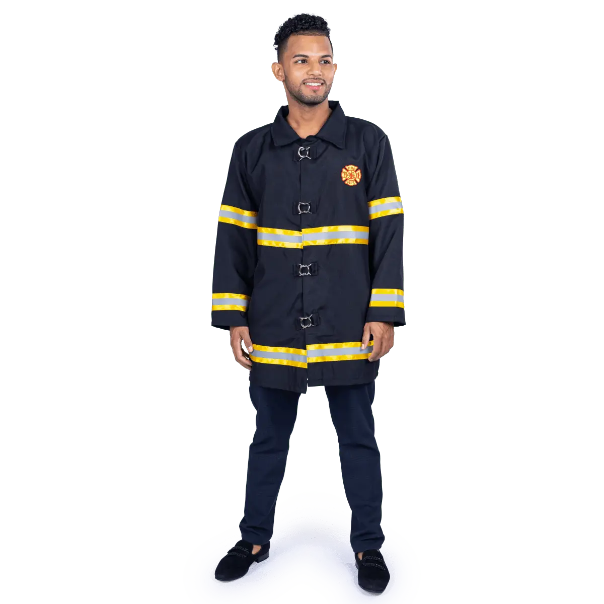 FireFighter Costume For Adults - Long Sleeves Jacket with Reflective Stripes & Hook Closure - Fireman Roleplay Outfit For Halloween, Pretend Play Fun, Fantasy Theme Party & Cosplay - One Size Fits Most