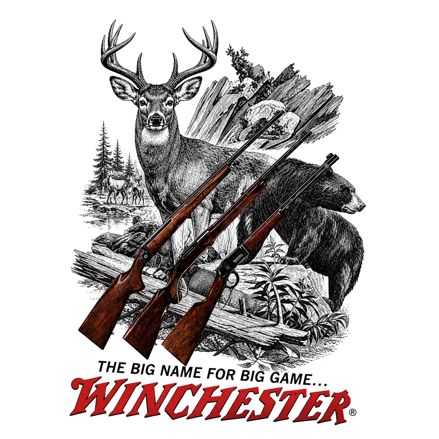 Vintage Big Game Hunting Sticker, Deer Bear & Rifle Outdoor Decal, Rustic Woodland Design for Laptop Tumbler Cooler Car Window, Hunter Gift