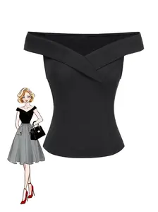 BLACK 1950S OFF-SHOULDER SOLID TOP - Chic Classic Fashion Elegant Women's Top for Summer Casual Wear with Side Concealed Zipper