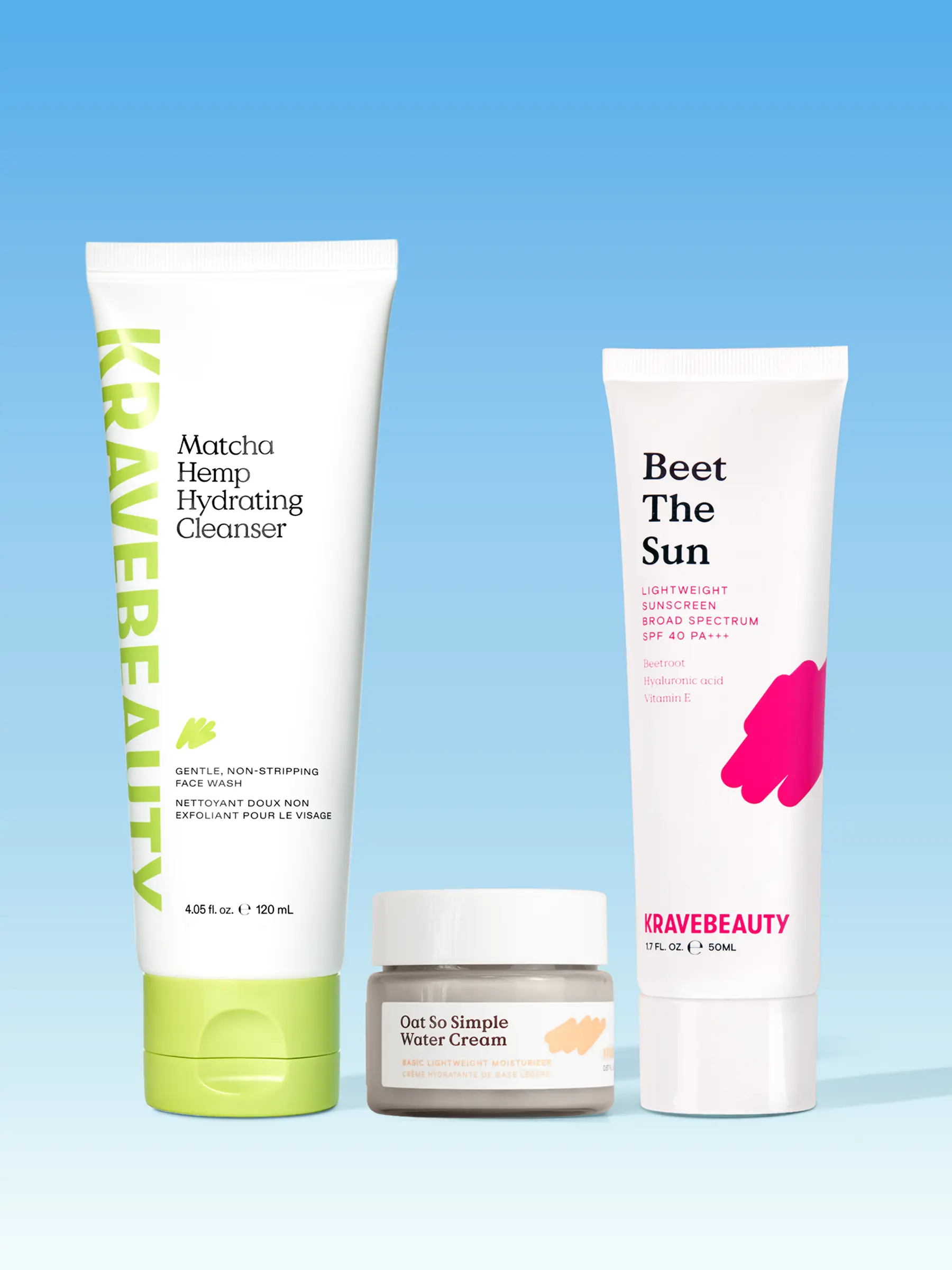 KraveBeauty Intro Kit: Daily 3-Step Skincare Routine to Press Reset. Full-size gentle, hydrating cleanser, mini moisturizer, full-size lightweight sunscreen