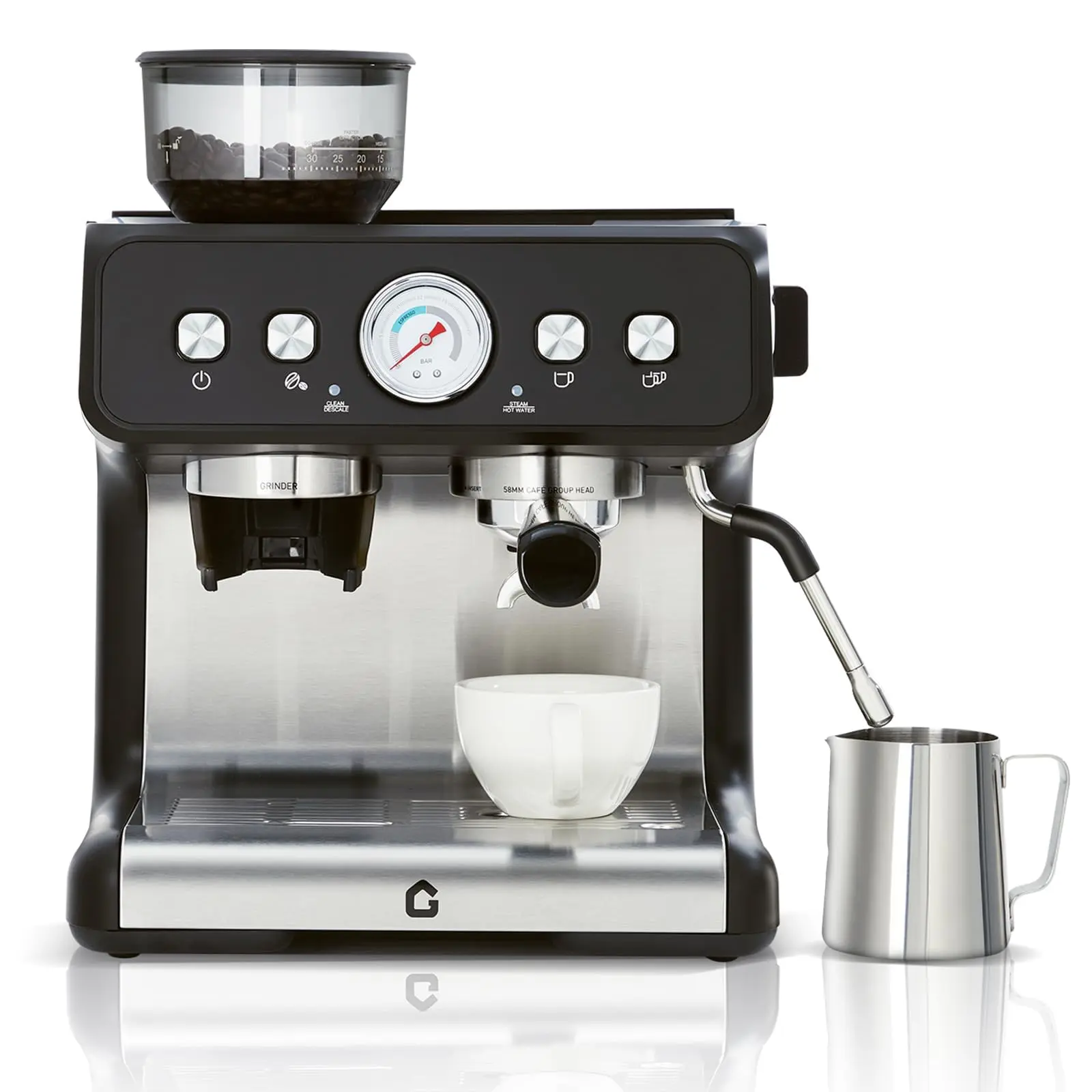 20 Bar Stainless Steel Espresso Machine with Built-in Grinder, Professional Coffee Maker with Adjustable Shot Volume, 1.5L Water Tank & Steam Milk Frother Wand for Home Office, Drip Tray, Barista-Level Results