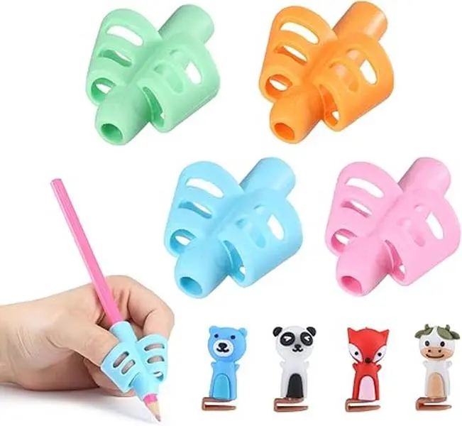 Ergonomic Pencil Grips for Kids, 4-Pack Flexible Silicone Holders for Standard Pens, Detachable Clips (4), Tropical/Bright Colors, Right/Left-Handed Handwriting Comfort Support, Tropical Colors