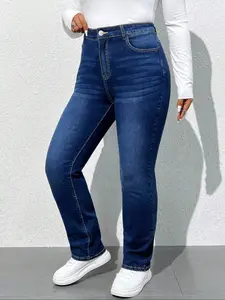 Plus Size Women's Washed Basic Casual Fashion Straight Leg Dark Wash Denim Jeans Pants, High Rise Denim, High Waist Elastic Fabric, All Seasons Wear, Perfect for Dates