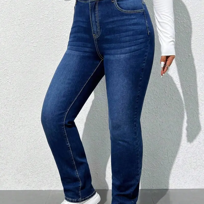 Plus Size Women's Washed Basic Casual Fashion Straight Leg Dark Wash Denim Jeans Pants, High Rise Denim, High Waist Elastic Fabric, All Seasons Wear, Perfect for Dates