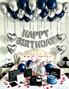 604pcs Navy Blue & Silver Birthday Balloon Set  +simulated red petals- Happy Birthday Banner + Foil Heart Balloons + Thick Latex Balloons, Perfect For Men's Birthday Decor, Couple's Bedroom, Hotel Midnight Birthday Party Decoration