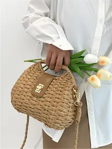 Trendy Summer Woven Shell Bag for Women, Casual Beach Handbag for Vacation, Lightweight Straw Shoulder Crossbody Purse