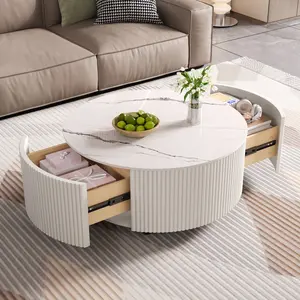 Modern Round Movable Coffee Table with Casters 2 Drawers Marble Pattern Sintered Stone Top 29.5" L x 29.5" W x 13.5" H Durable Scratch Resistant Heat Resistant Surface