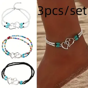 3Pcs Set Fashion Women Bohemia Beaded Heart Charms Multi-layer Anklet Exquisite Boho Chic Double-Layer Beaded Heart Anklet Perfect for Summer Vacation Beach Wedding Party Jewelry Gift