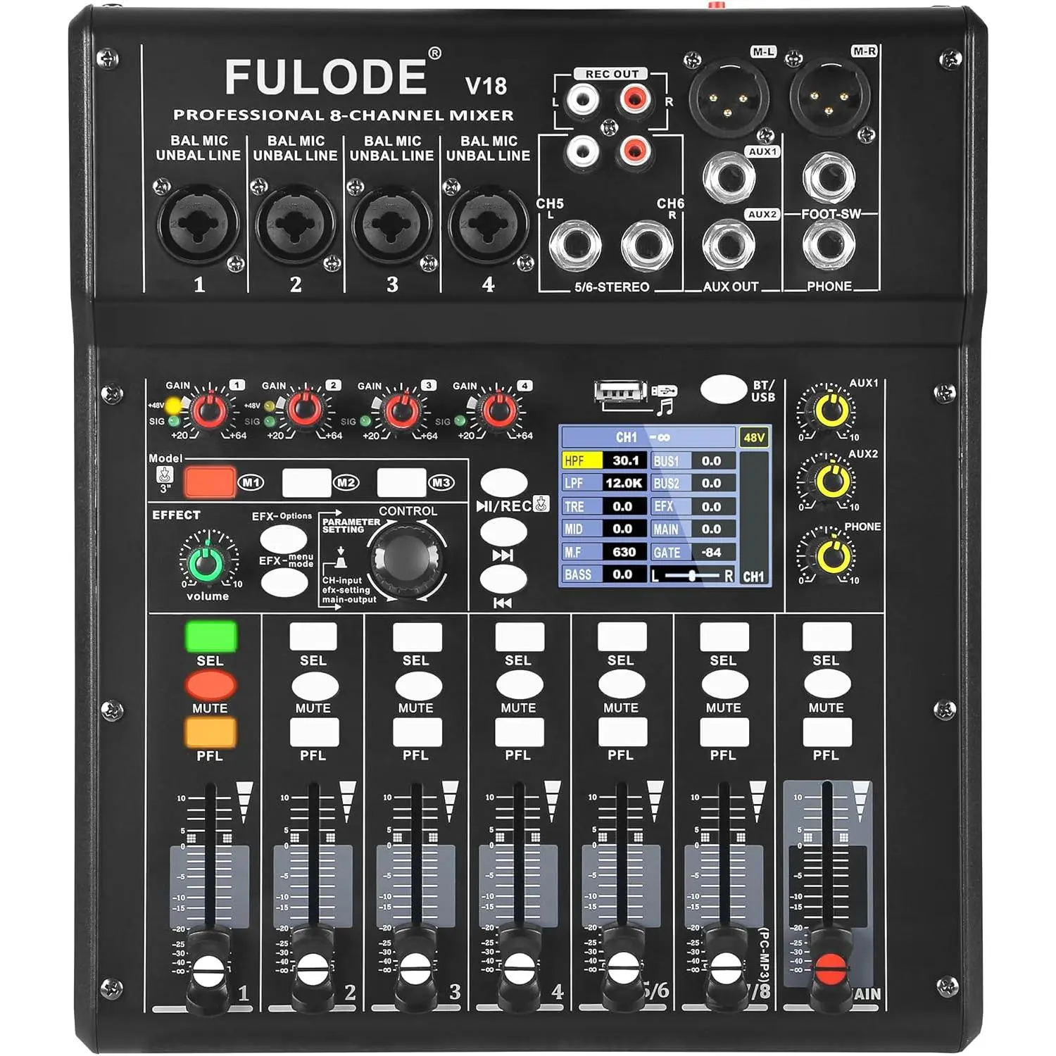 V18 Model 8-Channel Compact Digital Audio Mixer, Professional 6-Band EQ with 16 DSP Effects, Wireless Bluetooth, USB 2.0 Port, Mobile & Streaming Compatibility, PC Debugging for Recording Live Performance