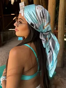 Women's Vintage Style Square Scarf Headscarf, Light Blue & Bohemian Beach Wrap, Windproof UV Protection, Casual Travel Accessory, Versatile Accessory