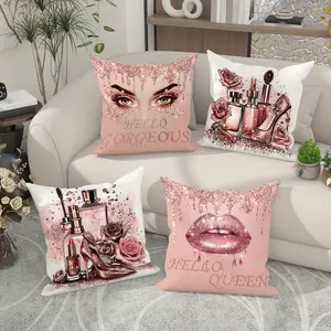 Set of 4pcs Pillow Covers Glitter Floral and Lipstick Motifs Pink and White Monogrammed Pillow Covers Suitable for Living Room and Bedroom Decor