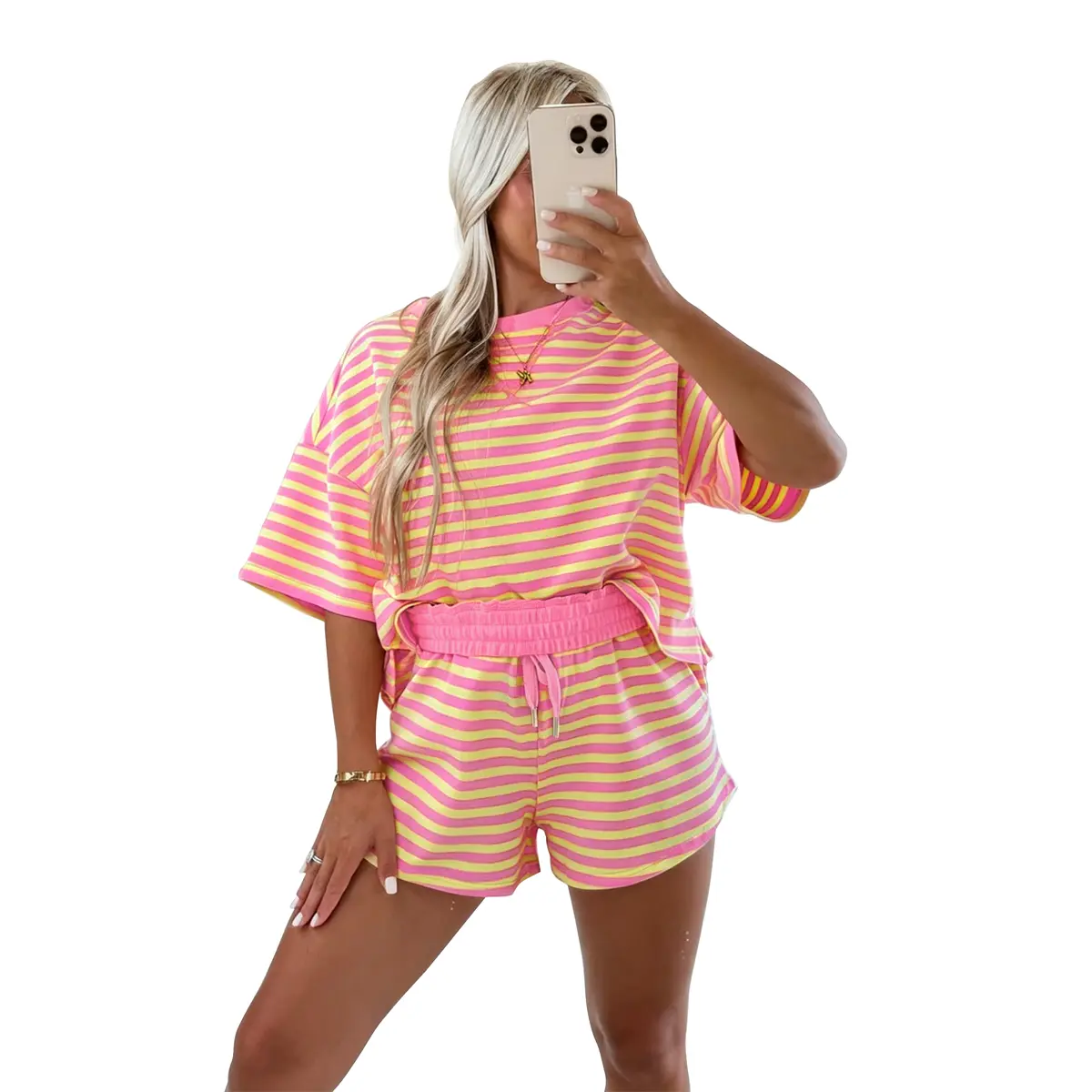 miduo Womens 2 Piece Sets Striped Crewneck Short Sleeve Loose Tee Tops High Waist Drawstring Short Sets Lounge Matching Sets Loungewear Womenswear#vacationoutfits #backtoschool