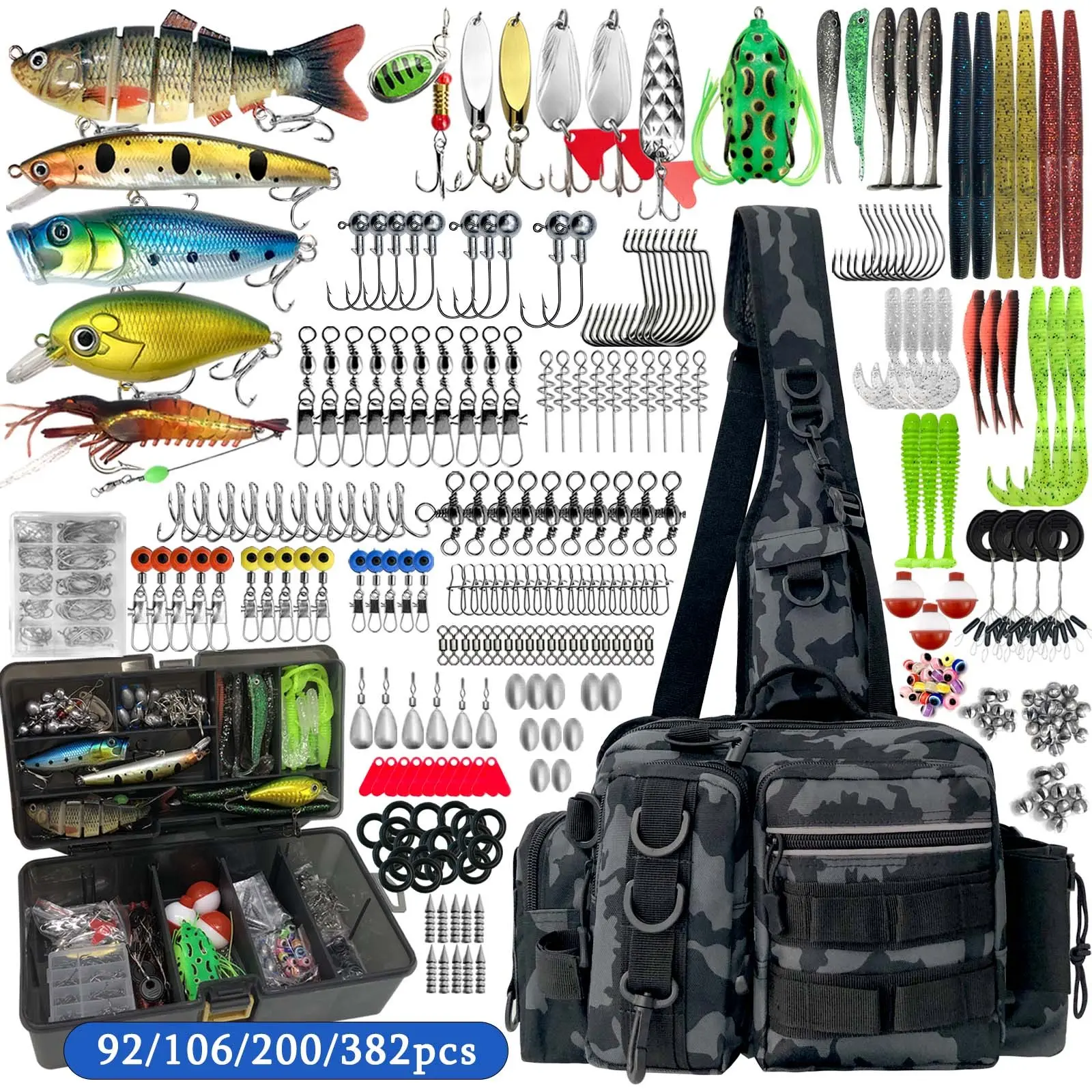 92/106/200/382pcs outdoor fishing lure set, Fishing Tackle, including fishing gear box, storage bag, tool kit, soft bait, hard bait, surface bait set, universal for seawater and fresh water