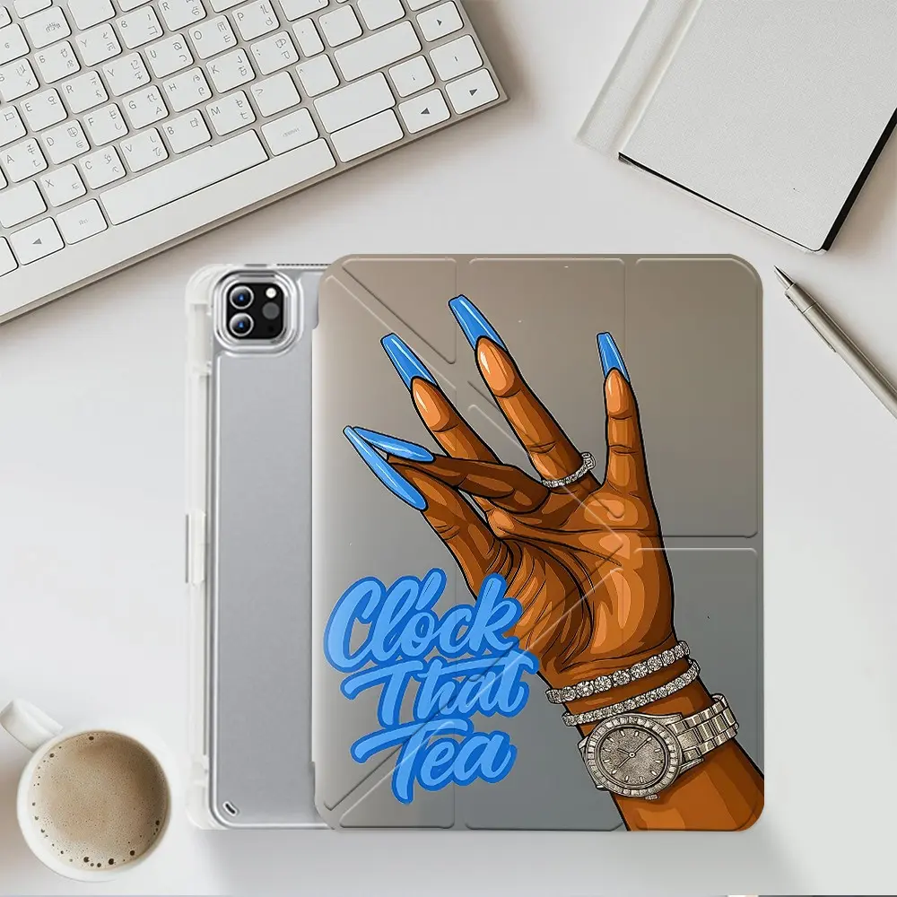 "Clock That Tea" Nail Art iPad protective case, Tablet protective cover, iPad Covers, transparent acrylic Y folding stand suitable for all models of iPad including 7.9/10.2/10.5/10.9/12.9 inch, featuring all-round protection, great gift, iPad Accessories