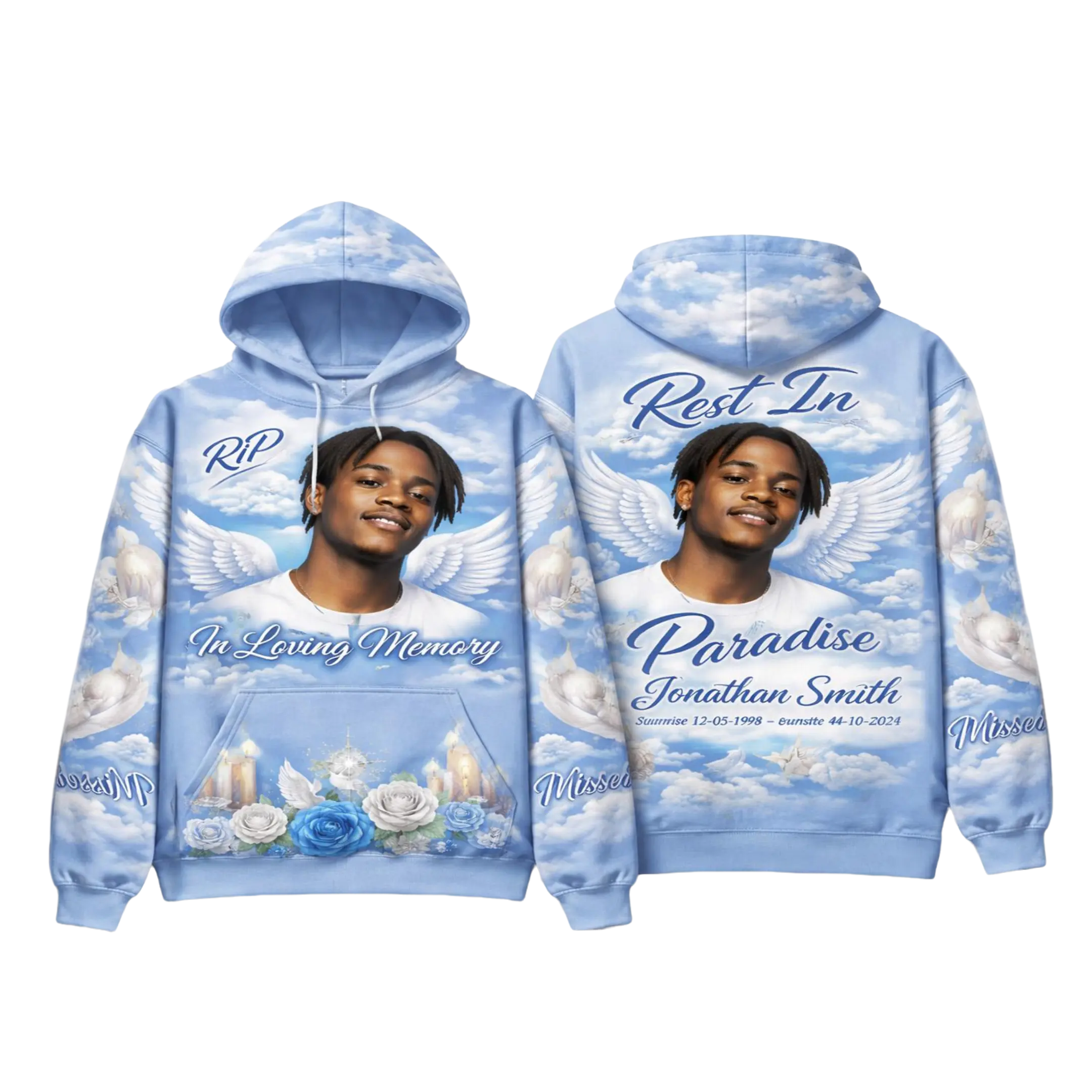 Custom Memorial Airbrush Hoodie Rest In Paradise Tribute Full-Color Design Angel Wings Clouds Personalized Photo Name Dates Unisex Fit