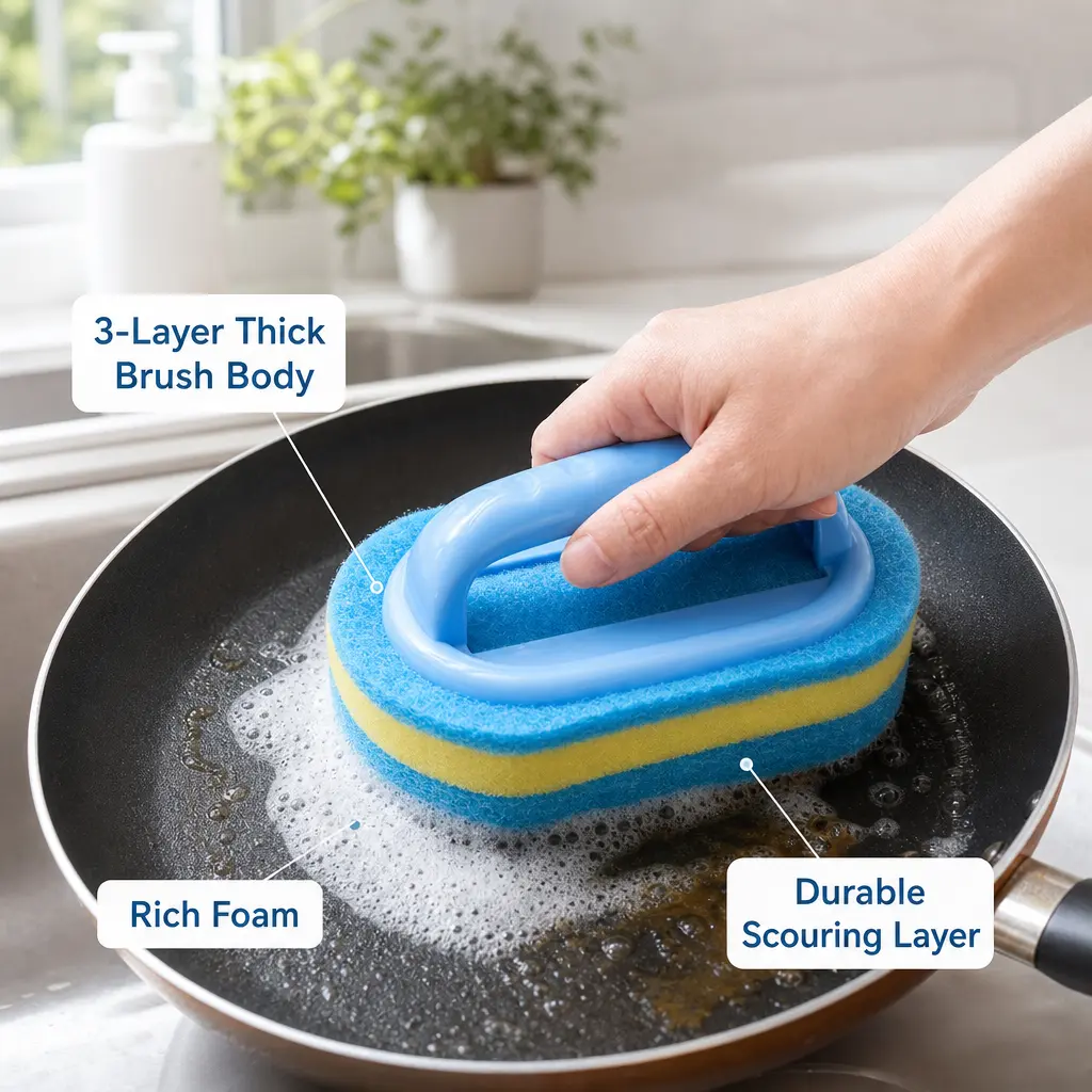1 Piece, Handheld Sponge Scrub Brush with Handle, 3-layer Thick Design for Cleaning Pots, Sinks, Tiles and Household Surfaces