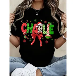Christmas Personalized Name T-Shirt For Women, Custom Charlie Leopard Print Santa Hat And Red Bow Design, Festive Holiday Graphic Tee With Snowflakes And Candy Cane, White Crewneck Christmas Shirt For Xmas Party, Family Matching Outfit, Size S-XXL