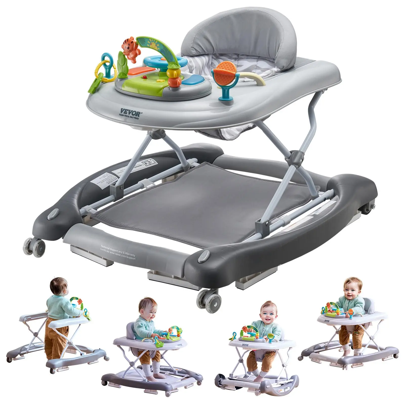【Father's Day】VEVOR 4-in-1 Baby Walker, Foldable Baby Activity Center on Wheels, 3 Adjustable Height, Music & Toys Tray, Learning-Seated | Walk-Behind | Rocker | Bouncer Toddler Walker for Girls Boys  6-24 Months