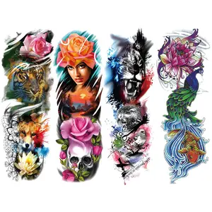 4 Colorful Arm Sleeve Tattoo Stickers, Temporary Full Arm Tattoos, Wolf Tiger Eagle Flower Design, Unisex Makeup Fake Watercolor Art Decor, Body Fake Tattoos