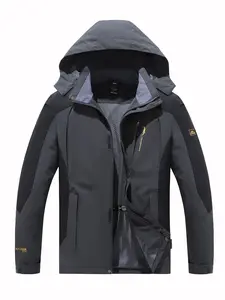 Men's Plus Size Outdoor Windproof Workwear Hooded Jacket, Patchwork Design, Waterproof Durable Fabric, Spring Autumn Hiking Camping