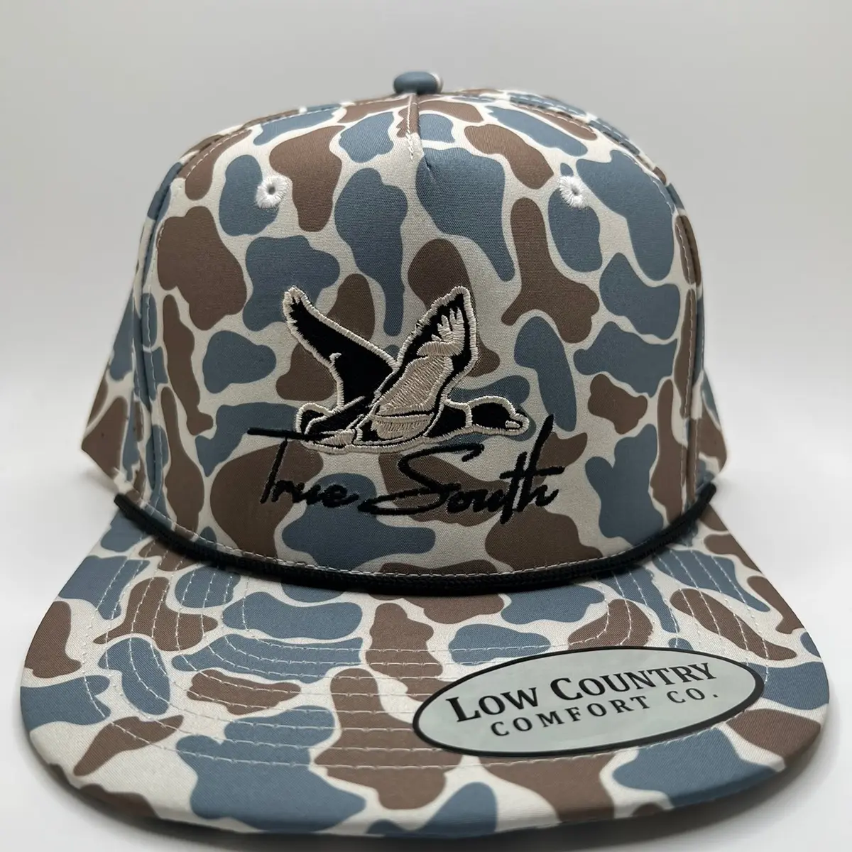 True South Duck Emb on a blue camo 5perf rope hat