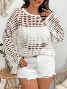 【Plus Size】 Solid Hollow Out Sheer Drop Shoulder Sweater Knitwear, Casual Long Sleeve Round Neck Jumper for Spring & Fall, Women's Clothing for Daily Wear