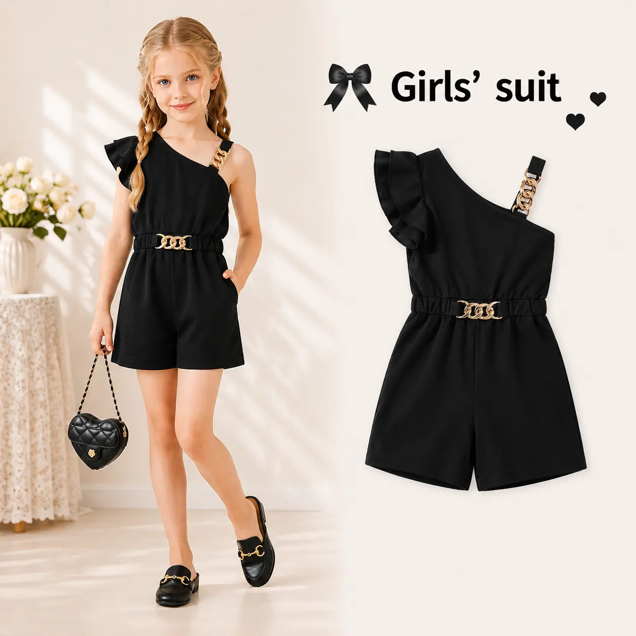 Summer Girls Casual Solid Color One-Shoulder Ruffle Romper, Fashion Gold Chain Strap Jumpsuit with Waist Chain Decor for Party, Elegant Summer Outfit, Trendy Style Clothes