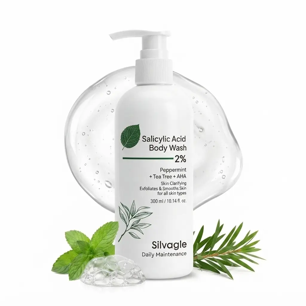 Silvagle 2% Salicylic Acid Body Wash, Peppermint Tea Tree & AHA Exfoliating Shower Gel for Bumpy Dry Rough Skin, Skin Smoothing Exfoliator for Men & Women, 10.14 Fl Oz / 300ml