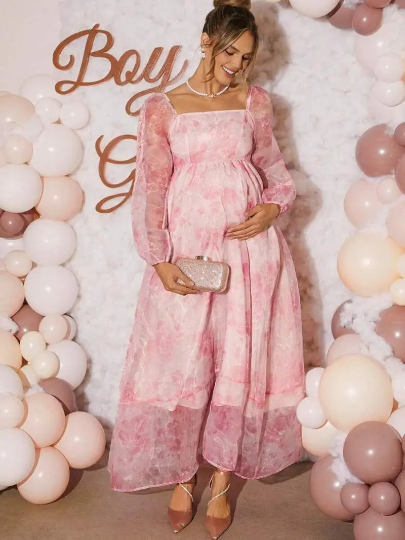 slim fit dress slacks Momyknows Pink Off Shoulder Bandeau Pleated Bodycon Puff Sleeve Evening Gown Baby Shower Maternity Maxi Dress Pink / L main image 1