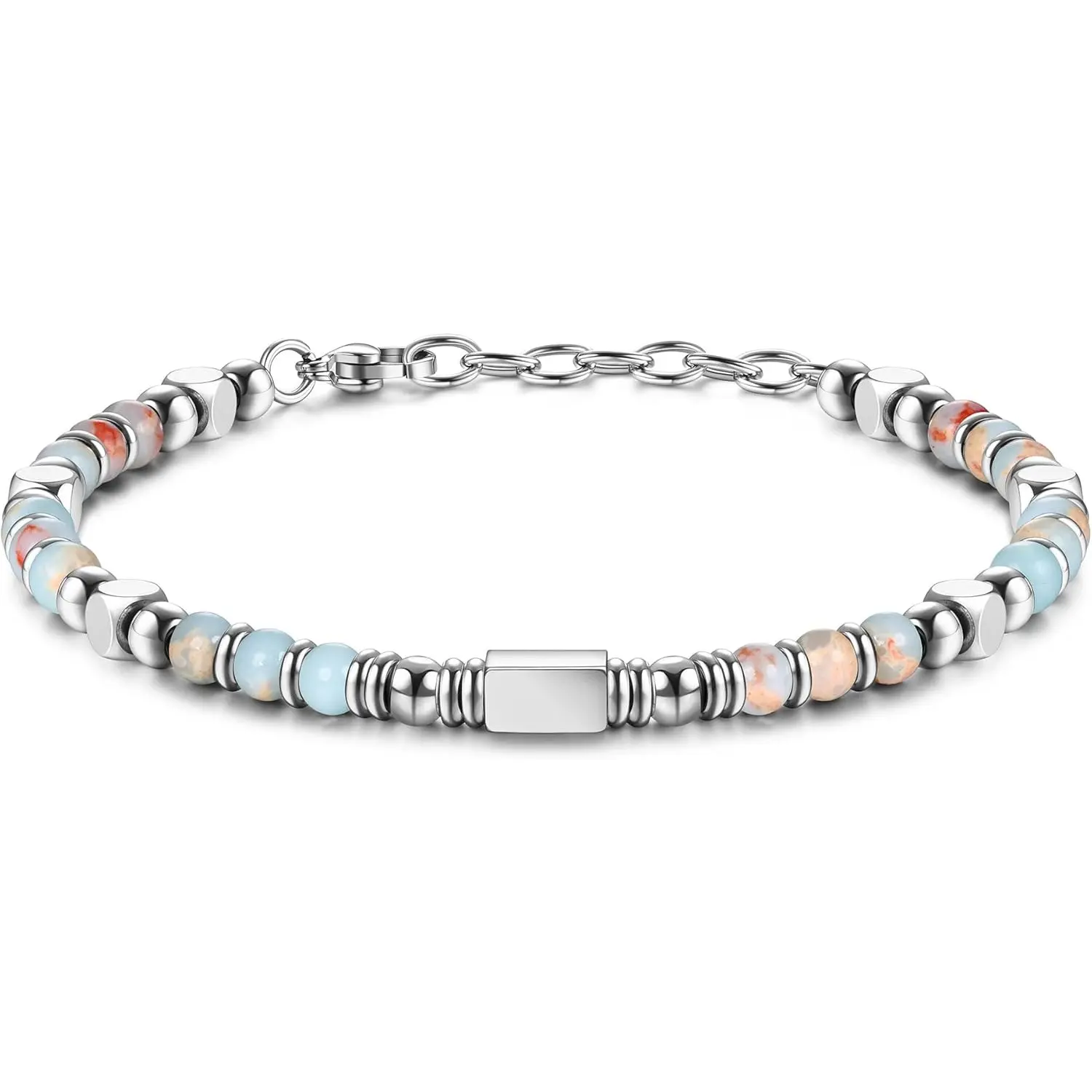 Milacolato 4MM Beaded Bracelet - 1pcs Stainless Steel Adjustable Slide Bracelets & Bangles, 7 Inches + 1 Inch Extension, Pink Crystal, Obsidian, Tiger Eye, Turquoise, Women's Daily Anxiety Relief Summer Jewelry, 365-Days Money Back, 7 Inches + 1 Inches Ex