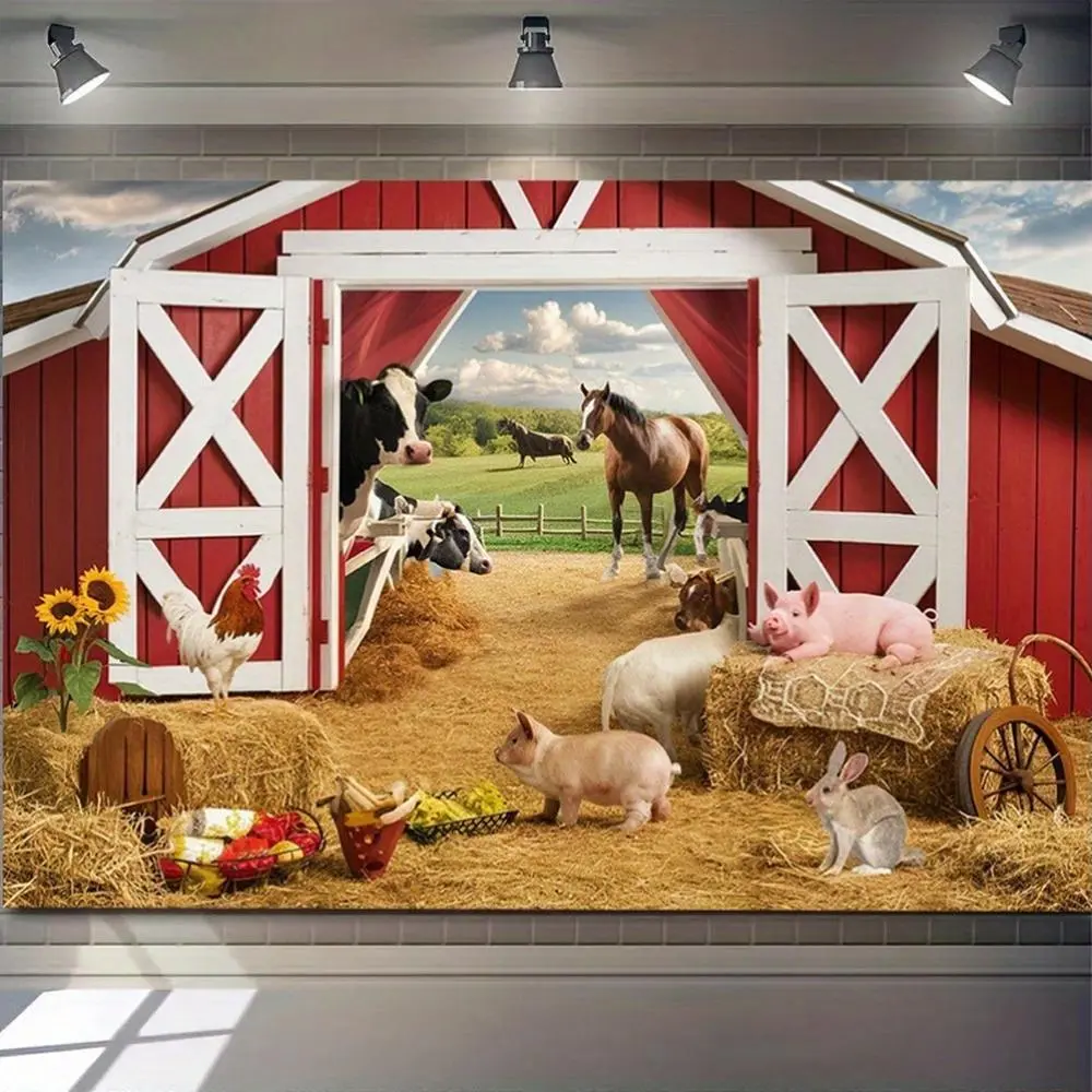 2D Flat Farm Animal Polyester Wall Hanging Backdrop Banner, 1PC Red Barn Print with Cows, Horses, Pigs, Rabbit, Rooster, Party Decoration Supplies for Kids' Birthday Parties, Baby Photo Shoots,summerwins