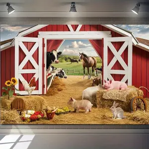 Summervibes 2D Flat Farm Animal Theme Polyester Wall Hanging Backdrop Banner, 1PC Red Barn with Cows Horses Pigs Rabbit Rooster Colorful Print, Party Decoration Supplies for Kids' Birthday Party Baby Photo Shoots
