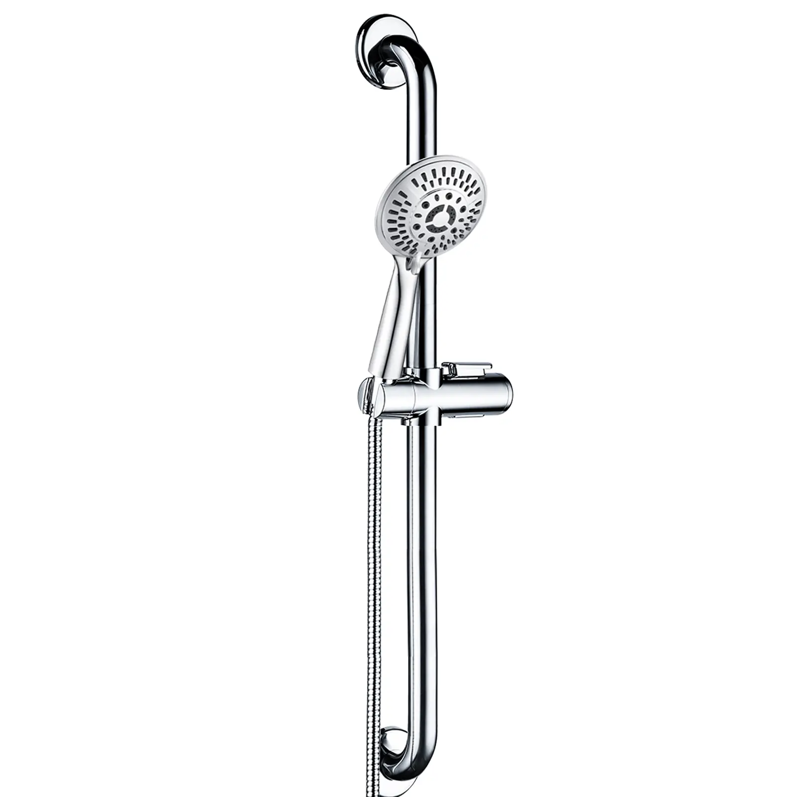 BRIGHT SHOWERS Stainless Steel Grab Bar Set – Includes Handheld Shower Head with Extra Long Hose, Shower Head and Hose Chrome Plated