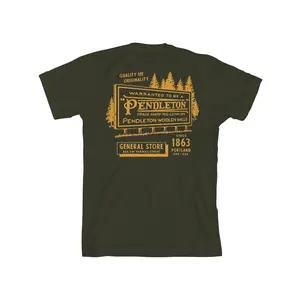 Pendleton Menswear Vintage T-Shirt, Dark Olive/Gold Fitted Short Sleeve Crew Neck Top, Casual Summer Medium Length, Style RG1427-74763, Coming October