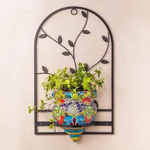 Handcrafted Talavera-Style Terra Cotta Flat-Backed Wall Planter with Wrought Iron Hanger