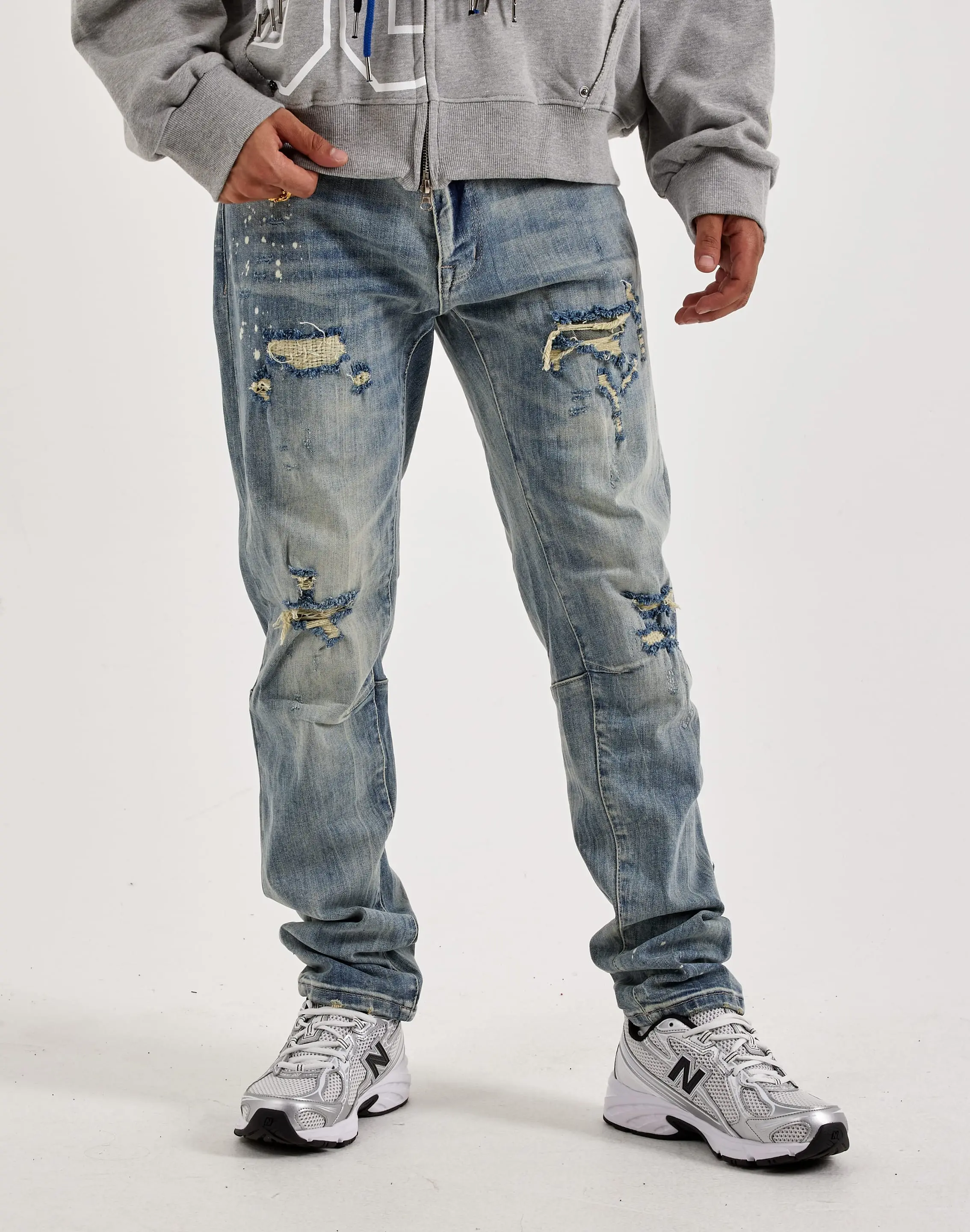 Mens Smoke Rise Vintage Bleach Effect Distressed Slim Denim Jeans