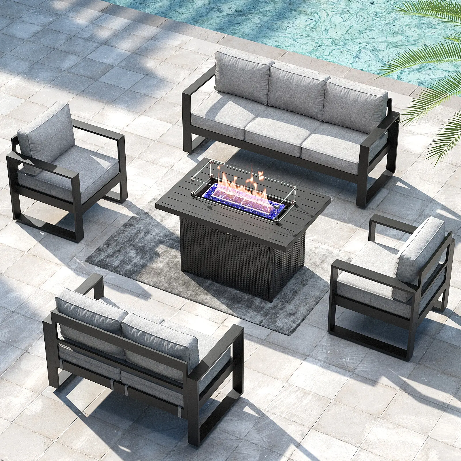 LayinSun Aluminum-Framed Outdoor Patio Furniture Set, Heavy-Duty Metal Modern Conversation Sofa Set with Fire Pit Table & Washable Thick Cushions, 3/4 Packages Shipping for Front Porch, Backyard Glow Up, Garden Party